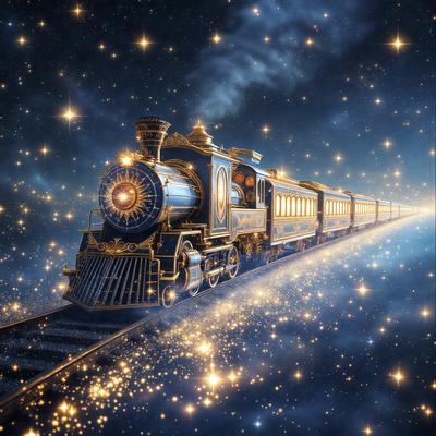 The primary subject of the image is a train traveling through space. The train is a large, gold and blue locomotive with a steam engine, and it is moving along a track. The setting is a night sky filled with stars, creating a sense of wonder and adventure. The visual style is a digital art, which adds a sense of depth and realism to the scene. The colors and mood of the image are predominantly dark and mysterious, with the bright stars in the background providing a contrasting element of light and